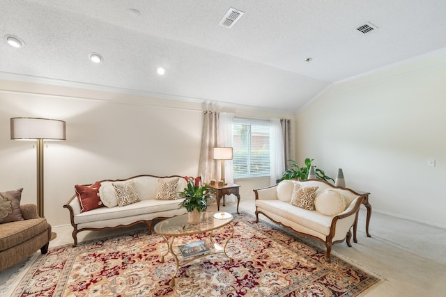 living room featuring crown molding, vaulted ceiling, carpet flooring, baseboards, and recessed lighting