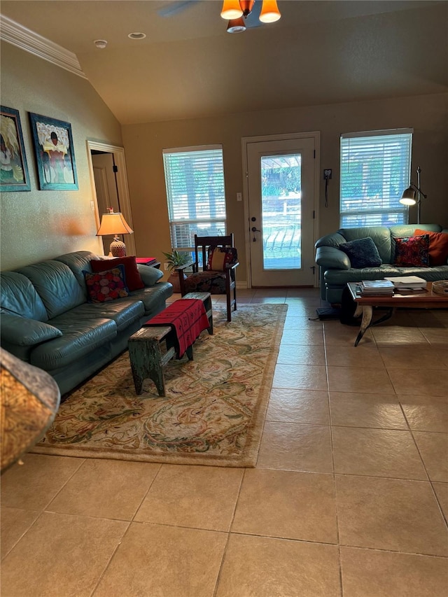 103 Apache Ct, Glen Rose, TX 76043 - tiled living room with vaulted ceiling and crown molding