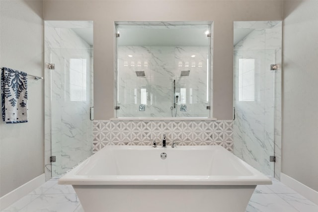 15102 Crape Myrtle Rd, Frisco, TX 75035 - bathroom featuring marble finish floors, a freestanding bath, and a marble finish shower