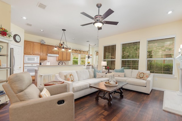 361 Hitching Post Dr, Fairview, TX 75069 - living room with a ceiling fan, dark wood-type flooring, recessed lighting, and baseboards
