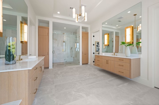 7115 Cast Iron Forest Trl, Colleyville, TX 76034 - bathroom featuring a shower stall, a tray ceiling, a chandelier, marble look tile flooring, and recessed lighting