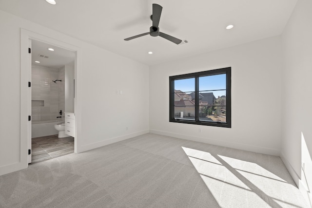 7115 Cast Iron Forest Trl, Colleyville, TX 76034 - unfurnished bedroom with recessed lighting, light carpet, baseboards, connected bathroom, and a ceiling fan