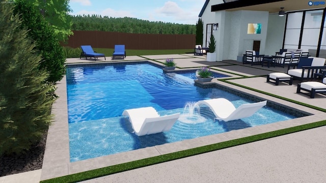 7115 Cast Iron Forest Trl, Colleyville, TX 76034 - view of swimming pool with a patio, fence, ceiling fan, and a forest view