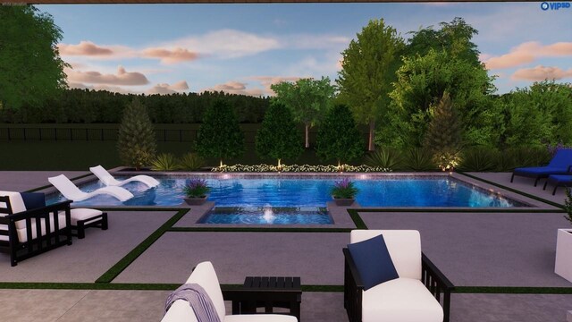 7115 Cast Iron Forest Trl, Colleyville, TX 76034 - pool at dusk featuring a patio area, a fenced backyard, and a pool with connected hot tub