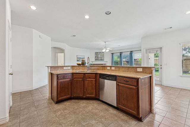 2912 Montalbo, Grand Prairie, TX 75054 - kitchen with dishwasher, healthy amount of natural light, a ceiling fan, recessed lighting, and a kitchen island with sink