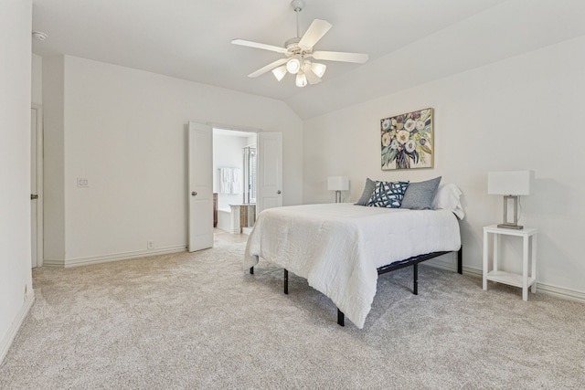 2912 Montalbo, Grand Prairie, TX 75054 - carpeted bedroom with vaulted ceiling, baseboards, ceiling fan, and ensuite bathroom
