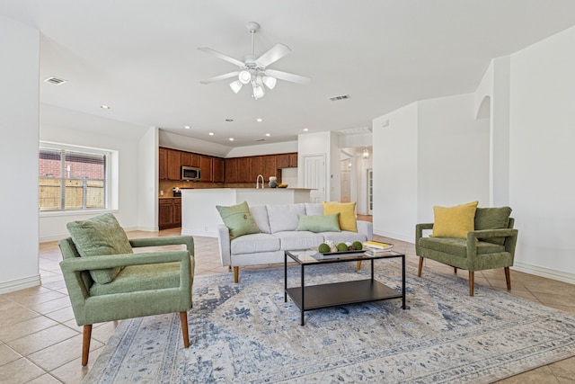 2912 Montalbo, Grand Prairie, TX 75054 - living room with a ceiling fan, light tile patterned floors, baseboards, and recessed lighting