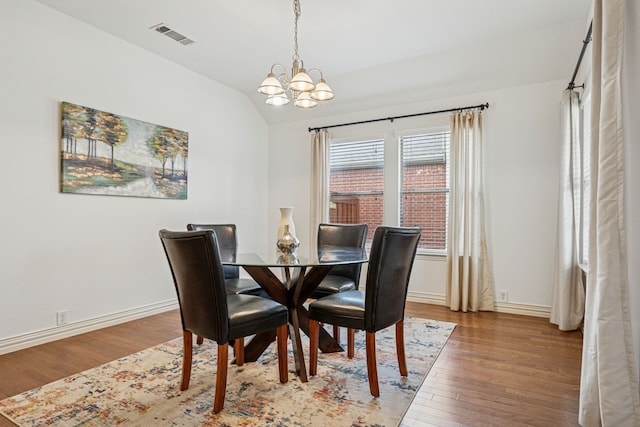 2912 Montalbo, Grand Prairie, TX 75054 - dining space with wood finished floors, a chandelier, lofted ceiling, and baseboards
