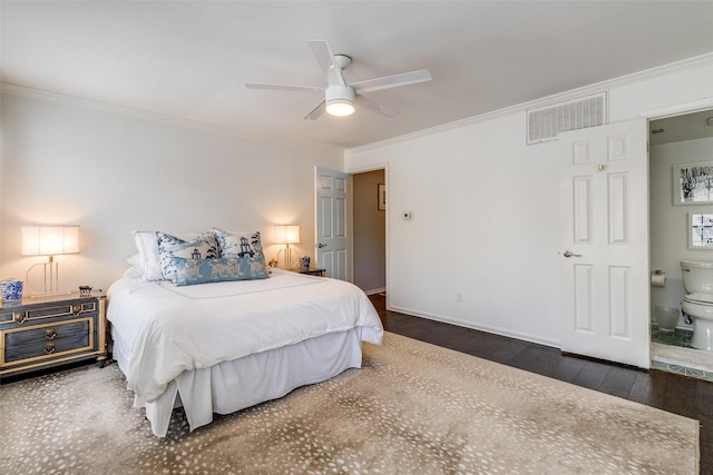 4229 Cole Ave Unit 115, Dallas, TX 75205 - bedroom featuring wood finished floors, crown molding, ensuite bathroom, a ceiling fan, and baseboards