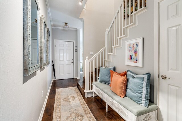4229 Cole Ave Unit 115, Dallas, TX 75205 - entryway featuring ornamental molding, wood finished floors, stairway, and baseboards