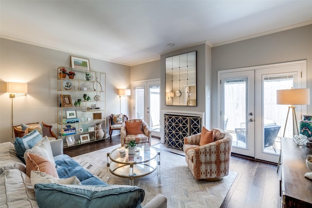 4229 Cole Ave Unit 115, Dallas, TX 75205 - living room with french doors, crown molding, healthy amount of natural light, and wood finished floors
