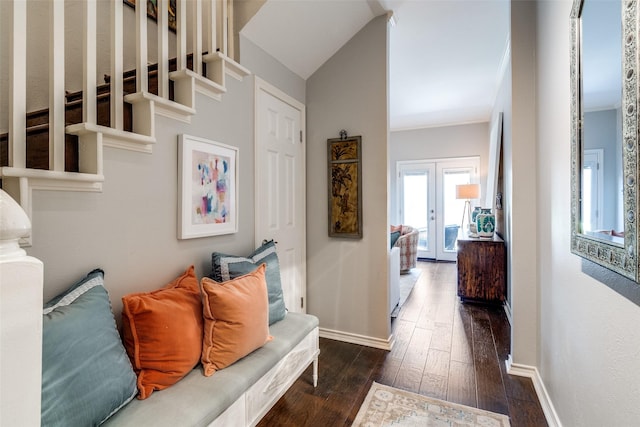 4229 Cole Ave Unit 115, Dallas, TX 75205 - foyer with dark wood finished floors, stairs, baseboards, french doors, and crown molding