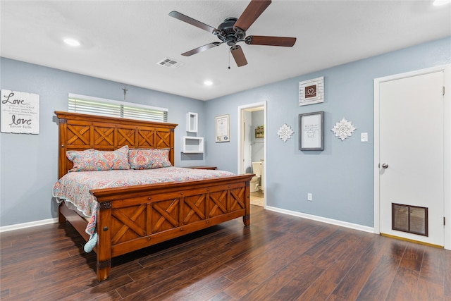 4325 Shady Glen Dr, Waco, TX 76708 - bedroom with baseboards, wood finished floors, recessed lighting, ensuite bath, and a ceiling fan