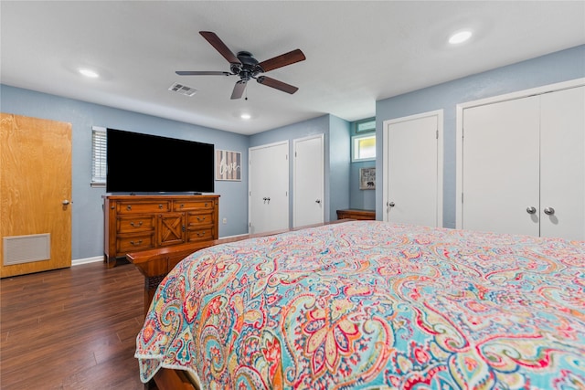 4325 Shady Glen Dr, Waco, TX 76708 - bedroom with multiple closets, wood finished floors, recessed lighting, ceiling fan, and baseboards