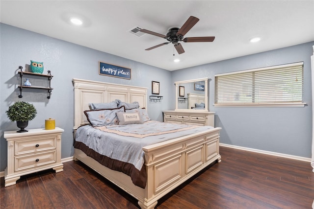 4325 Shady Glen Dr, Waco, TX 76708 - bedroom with dark wood-style flooring, baseboards, recessed lighting, and a ceiling fan