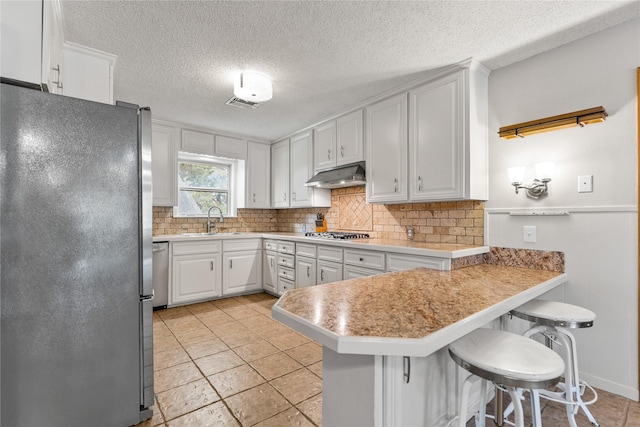 4325 Shady Glen Dr, Waco, TX 76708 - kitchen featuring stainless steel appliances, a sink, under cabinet range hood, a peninsula, and decorative backsplash