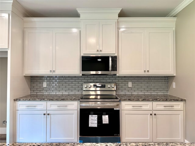 2004 Clay St, Mabank, TX 75147 - kitchen featuring stainless steel appliances, white cabinetry, and crown molding