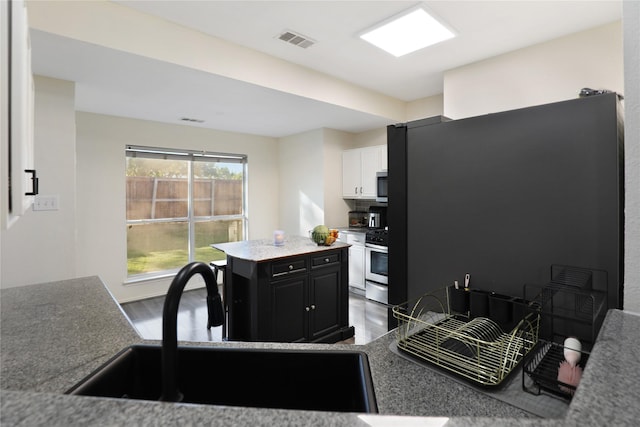 kitchen with a sink, appliances with stainless steel finishes, dark cabinets, and wood finished floors