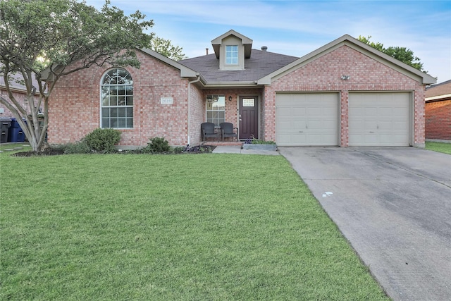 view of front of home with concrete driveway, an attached garage, a front yard, brick siding, and a shingled roof