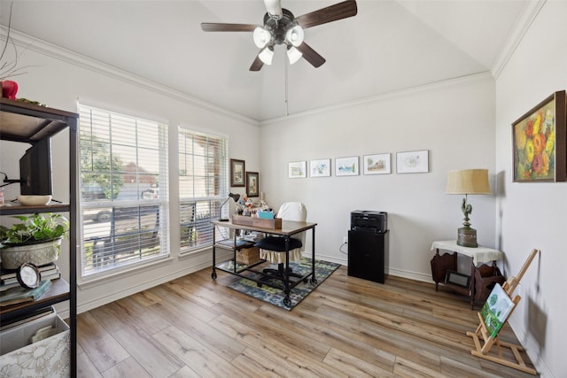1608 Fallingwater Trl, Fort Worth, TX 76052 - home office featuring ceiling fan, lofted ceiling, light wood-style flooring, crown molding, and baseboards