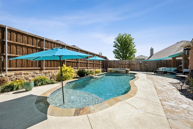 1608 Fallingwater Trl, Fort Worth, TX 76052 - view of pool featuring a fenced backyard, a patio, an outdoor living space, and a pool with connected hot tub