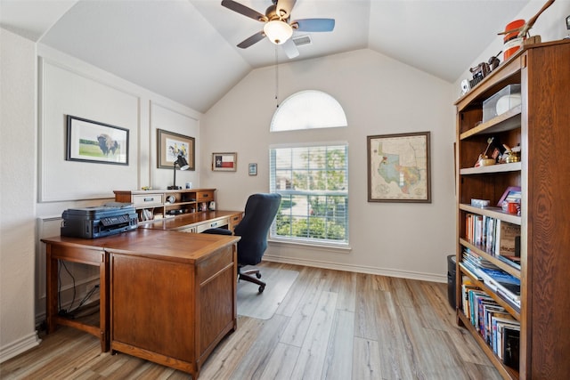 1608 Fallingwater Trl, Fort Worth, TX 76052 - office with ceiling fan, light wood finished floors, lofted ceiling, and baseboards