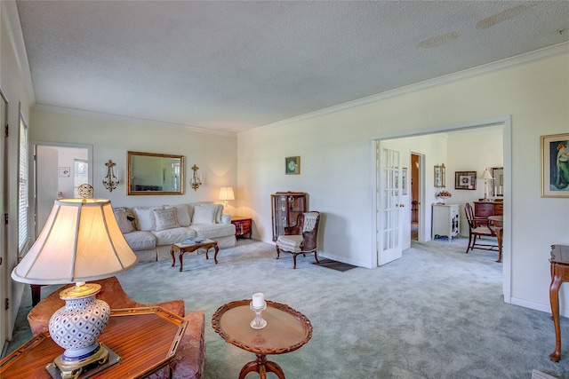 1005 Church St, Sulphur Springs, TX 75482 - carpeted living room with crown molding, a textured ceiling, french doors, and baseboards