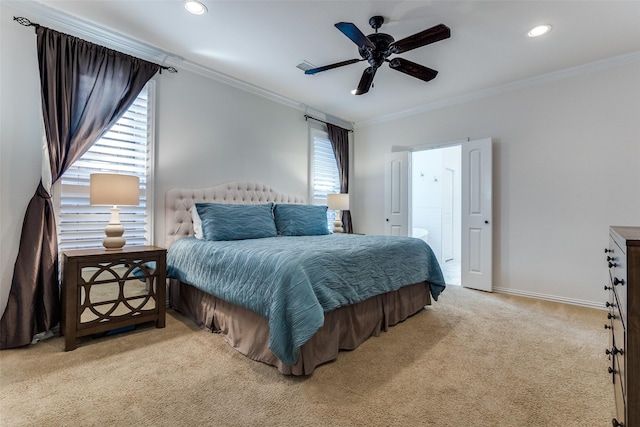 bedroom featuring carpet, crown molding, recessed lighting, baseboards, and ceiling fan