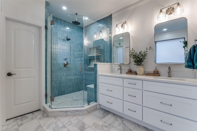 bathroom with a stall shower, double vanity, marble finish floors, and recessed lighting