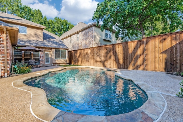 view of swimming pool with a fenced backyard and a patio area