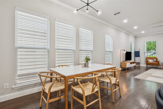 719 Hammond St, Coppell, TX 75019 - dining area with crown molding, baseboards, dark wood-type flooring, and recessed lighting