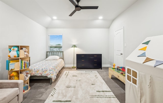 719 Hammond St, Coppell, TX 75019 - carpeted bedroom featuring lofted ceiling, ceiling fan, recessed lighting, and baseboards