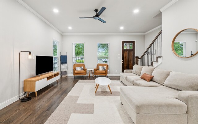 719 Hammond St, Coppell, TX 75019 - living area featuring wood finished floors, ornamental molding, recessed lighting, baseboards, and ceiling fan