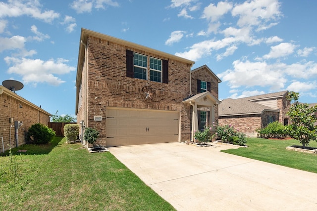 traditional home with concrete driveway, a garage, and brick siding