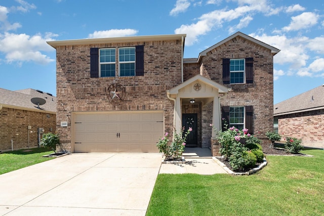 traditional home featuring a garage, concrete driveway, brick siding, and a front lawn