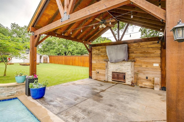 7000 County Road 527, Burleson, TX 76028 - view of patio / terrace with ceiling fan, a storage shed, an outbuilding, and a gazebo