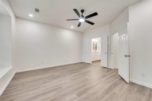 10832 Hawks Landing Rd, Fort Worth, TX 76052 - unfurnished bedroom featuring light wood finished floors, baseboards, recessed lighting, ensuite bath, and ceiling fan