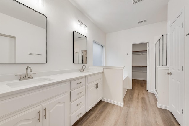 10832 Hawks Landing Rd, Fort Worth, TX 76052 - full bathroom featuring wood finished floors, double vanity, baseboards, a spacious closet, and a tub to relax in