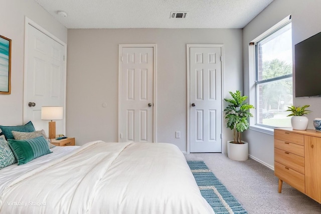 carpeted bedroom featuring two closets, a textured ceiling, and baseboards