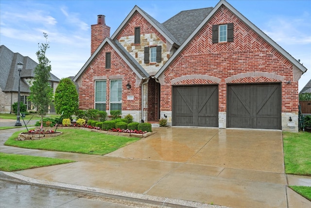 8325 Western, The Colony, TX 75056 - view of front of home with brick siding, a chimney, driveway, a front lawn, and stone siding