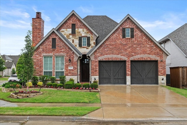 8325 Western, The Colony, TX 75056 - view of front of house featuring brick siding, a chimney, driveway, and stone siding
