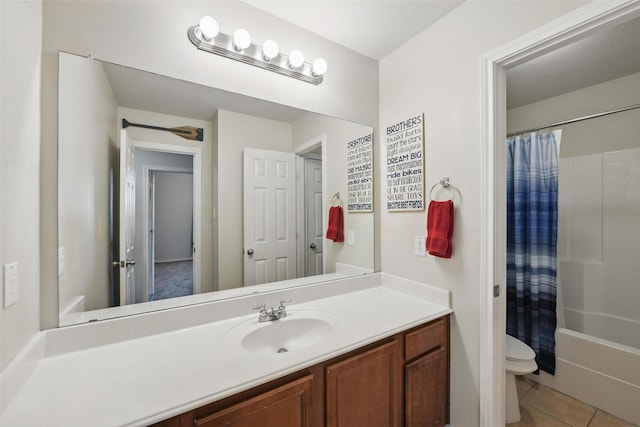 6008 Creekway Dr, Denton, TX 76226 - bathroom featuring toilet, tile patterned flooring, vanity, and shower / bath combination with curtain