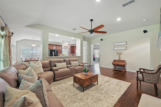 6008 Creekway Dr, Denton, TX 76226 - living room featuring a ceiling fan, dark wood finished floors, recessed lighting, baseboards, and vaulted ceiling