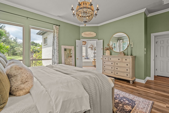 147 Rim Rock Rd, Aledo, TX 76008 - bedroom with a chandelier, wood finished floors, ornamental molding, and baseboards