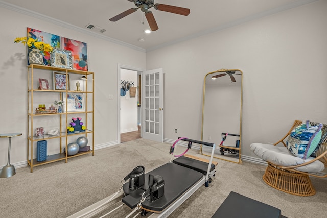 147 Rim Rock Rd, Aledo, TX 76008 - workout room with crown molding, carpet, ceiling fan, and baseboards