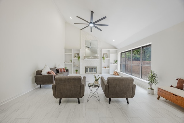 62 Legend Rd, Benbrook, TX 76132 - living room featuring ceiling fan, high vaulted ceiling, a brick fireplace, and built in features