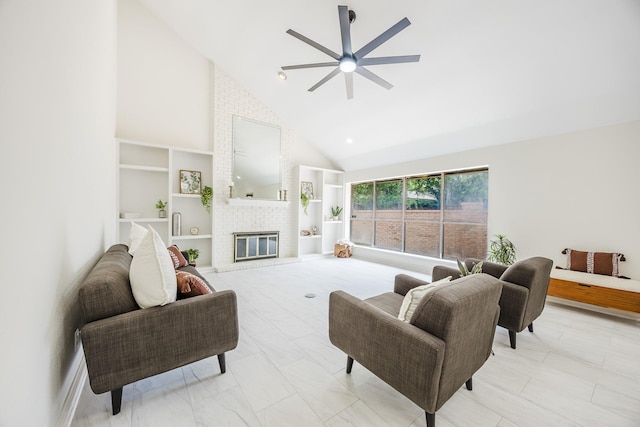 62 Legend Rd, Benbrook, TX 76132 - living room with high vaulted ceiling, a ceiling fan, built in features, and a fireplace