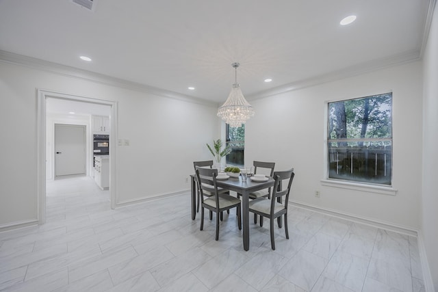 62 Legend Rd, Benbrook, TX 76132 - dining space with crown molding, a chandelier, recessed lighting, and baseboards