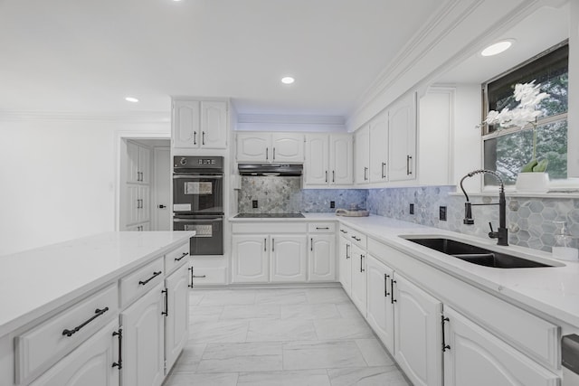 62 Legend Rd, Benbrook, TX 76132 - kitchen with a sink, black appliances, under cabinet range hood, white cabinets, and crown molding