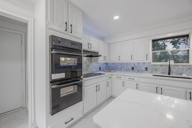 62 Legend Rd, Benbrook, TX 76132 - kitchen featuring black appliances, a sink, under cabinet range hood, tasteful backsplash, and white cabinetry